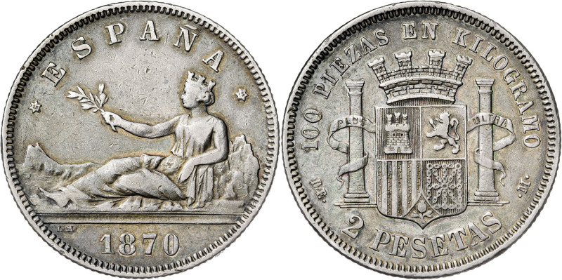 1870*1875. Gobierno Provisional. DEM. 2 pesetas. (AC. 33). Pátina. 10 g. MBC.