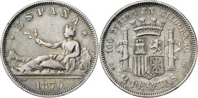 1870*1875. Gobierno Provisional. DEM. 2 pesetas. (AC. 33). Pátina. 10 g. MBC.