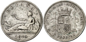 1870*1818. Gobierno Provisional. SNM. 5 pesetas. (AC. 40). Rara. 24,89 g. BC+.
