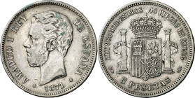 1871*1818. Amadeo I. SDM. 5 pesetas. (AC. 2). Rara. 24,79 g. BC+.