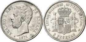 1871*1873. Amadeo I. DEM/SDM. 5 pesetas. (AC. 2.1). Ex Áureo 17/09/1996, nº 1319. Rara. 24,79 g. MBC.