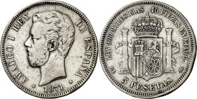 1871*1873. Amadeo I. DEM. 5 pesetas. (AC. 3). Golpes. Rara. 24,83 g. (MBC-).