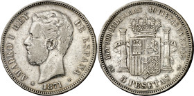 1871*1874. Amadeo I. DEM/SDM. 5 pesetas. (AC. 4). 24,75 g. BC+/MBC-.