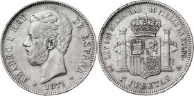 1871*1874. Amadeo I. DEM. 5 pesetas. (AC. 5). 24,79 g. BC+/MBC-.