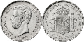 1871*1874. Amadeo I. DEM. 5 pesetas. (AC. 5). Rayitas por limpieza descuidada. 24,83 g. (MBC+).