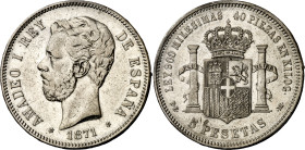 1871*1818. Amadeo I. DEM. 5 pesetas. (AC. 6). Escasa. 24,92 g. MBC+.
