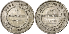 1873. Revolución Cantonal. Cartagena. 10 reales. (AC. 4). Rayas en el campo. Rara. 14,33 g. (MBC+).
