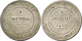 1873. Revolución Cantonal. Cartagena. 5 pesetas. (AC. 11). Reverso no coincidente. 86 perlas en anverso y 90 en reverso. 26,58 g. MBC.