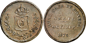 1875. Carlos VII, Pretendiente. Oñate. 5 pesetas. (AC. 20). Acuñada en cobre. Golpes. Rara. 28,11 g. MBC-.