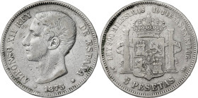 1875*----. Alfonso XII. DEM. 5 pesetas. (AC. 35). Pabellón de la oreja rayado. 24,66 g. BC.