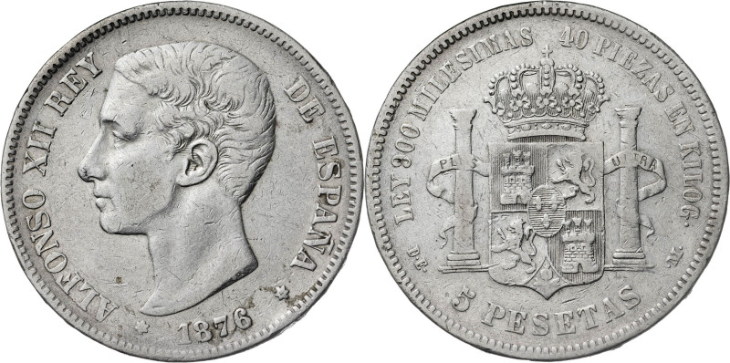 1876*----. Alfonso XII. DEM. 5 pesetas. (AC. 37). Pavellón de la oreja rayado. 2...