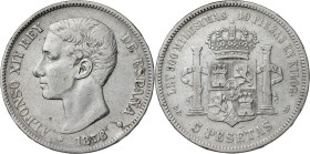 1876*----. Alfonso XII. DEM. 5 pesetas. (AC. 37). Pavellón de la oreja rayado. 24,69 g. BC.