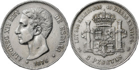 1876*1876. Alfonso XII. DEM. 5 pesetas. (AC. 37). Pabellón de la oreja rayado. Pulida. 24,79 g. BC+.