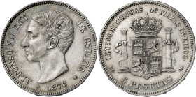 1876*1876. Alfonso XII. DEM. 5 pesetas. (AC. 37). 24,77 g. MBC.