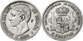 1876*----. Alfonso XII. DEM. 5 pesetas. (AC. 37). Contramarca F en anverso. 24,78 g. MBC.