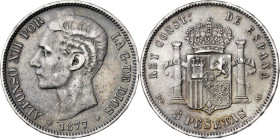 1877*1877. Alfonso XII. DEM. 5 pesetas. (AC. 38). Golpecitos. 24,78 g. BC+.