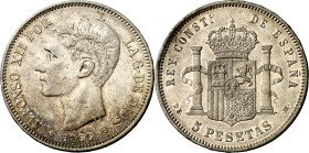 1877*1877. Alfonso XII. DEM. 5 pesetas. (AC. 38). Leves rayitas. Parte de brillo original. 24,83 g. MBC+.