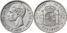 1878*1878. Alfonso XII. DEM. 5 pesetas. (AC. 39). 24,82 g. MBC-.