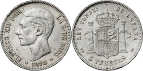 1878*-878. Alfonso XII. EMM/SDM. 5 pesetas. (AC. 40). 24,85 g. BC.