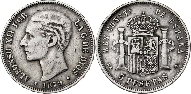 1879*-8--. Alfonso XII. EMM. 5 pesetas. (AC. 42). 24,67 g. BC+.