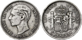 1879*-8--. Alfonso XII. EMM. 5 pesetas. (AC. 42). 24,67 g. BC+.