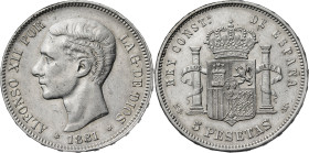 1881*1881. Alfonso XII. MSM/DEM. 5 pesetas. (AC. 43). Rectificación de ensayador poco visible pero indudable. 24,96 g. MBC-.