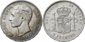 1881*1881. Alfonso XII. MSM. 5 pesetas. (AC. 44). Escasa. 24,89 g. BC+.