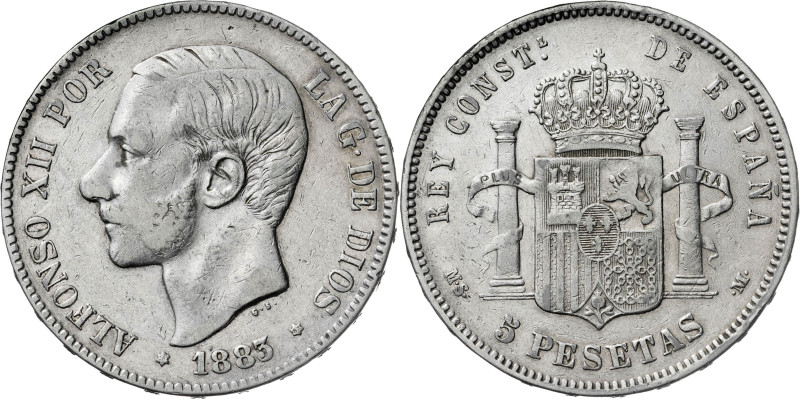 1883/1*1883. Alfonso XII. MSM/DEM. 5 pesetas. (AC. 52). Raras rectificaciones. 2...