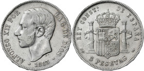 1883/1*1883. Alfonso XII. MSM/DEM. 5 pesetas. (AC. 52). Raras rectificaciones. 24,73 g. BC+.