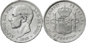 1883*188-. Alfonso XII. MSM/DEM. 5 pesetas. (AC. 54). 24,67 g. BC.