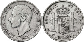 1883*-8--. Alfonso XII. MSM. 5 pesetas. (AC. 55). 24,78 g. BC.