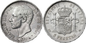 1884*1884. Alfonso XII. MSM/DEM. 5 pesetas. (AC. 56). 24,93 g. BC+.