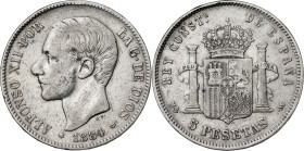 1884*-884. Alfonso XII. MSM. 5 pesetas. (AC. 57). 24,71 g. BC.