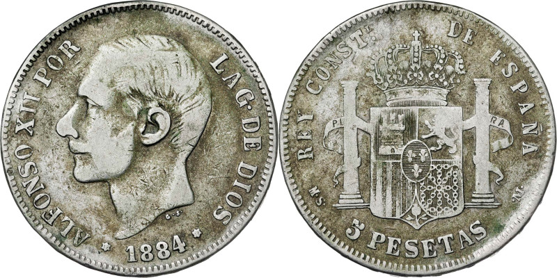 1884*1818. Alfonso XII. MSM. 5 pesetas. (AC. 1232). Falsa de época, , coincident...