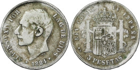 1884*1818. Alfonso XII. MSM. 5 pesetas. (AC. 1232). Falsa de época, , coincidente, en plata. 24,40 g. BC.