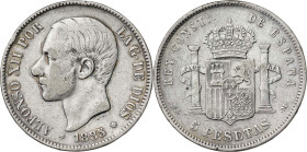 1885/4*1885. Alfonso XII. MSM/DEM. 5 pesetas. (AC. 58). Rara. 24,63 g. BC.