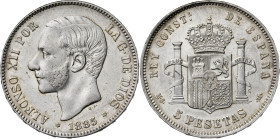 1885*1885. Alfonso XII. MSM/DEM. 5 pesetas. (AC. 59.1). Rectificación de ensayador apenas visible, pero indudable. 24,84 g. MBC.