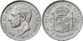 1885*1887. Alfonso XII. MSM/DEM. 5 pesetas. (AC. 61.1). 24,62 g. MBC-.