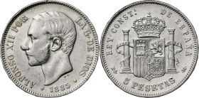 1885*1887. Alfonso XII. MSM. 5 pesetas. (AC. 62). Limpiada. 24,93 g. BC+/MBC-.
