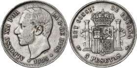 1885*1887. Alfonso XII. MPM. 5 pesetas. (AC. 63). 24,86 g. BC+/MBC-.