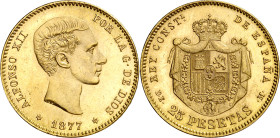 1877*1877. Alfonso XII. DEM. 25 pesetas. (AC. 68). Leves marquitas. Bella. Brillo original. 8,05 g. EBC+.
