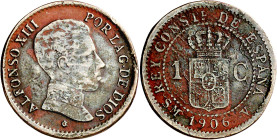 1906*6. Alfonso XIII. SMV. 1 céntimo. (AC. 1). Oxidaciones. Rara. 0,78 g. BC+.