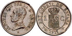 1911*1. Alfonso XIII. PCV. 1 céntimo. (AC. 3). Leve defecto de acuñación en canto. Escasa. 1,01 g. EBC.