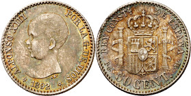 1892*92. Alfonso XIII. PGM. 50 céntimos. (AC. 38). Bella pátina. Escasa así. 2,50 g. EBC+.