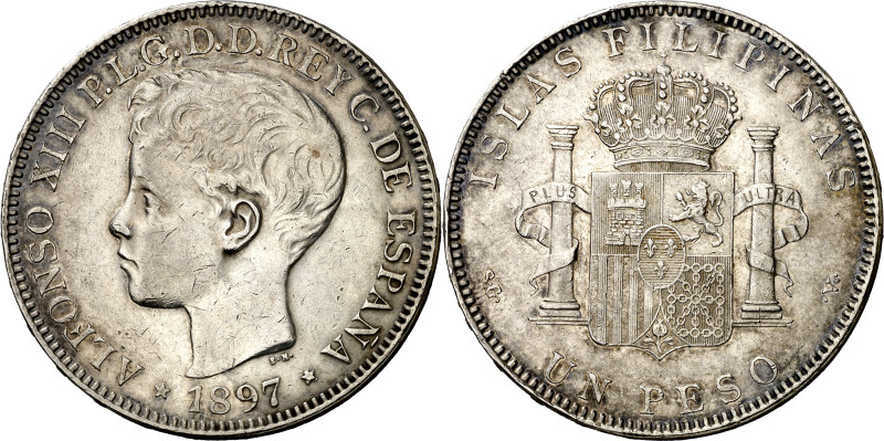 1897. Alfonso XIII. Manila. SGV. 1 peso. (AC. 122). Escasa. 24,97 g. MBC.