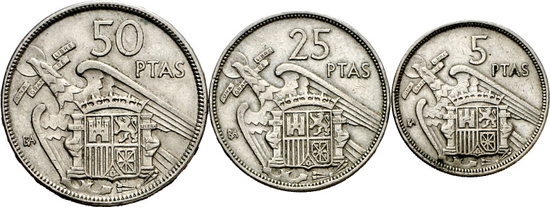 1957. Franco. BA (Barcelona). 5, 25 y 50 pesetas. (AC. 154 a 156). I exposición ...