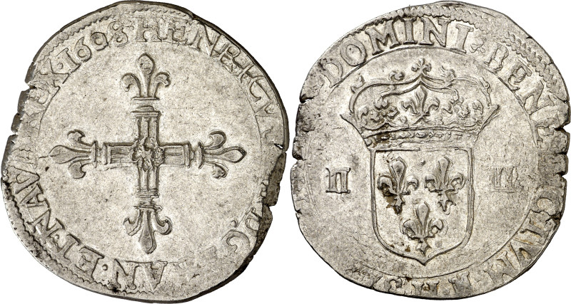 Francia. 1608. Enrique IV. H (La Rochelle). 1/4 de ecu. (D. 1222). AG. 9,66 g. E...