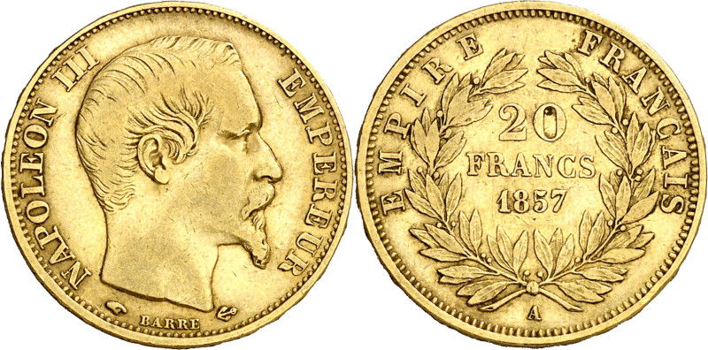 Francia. 1857. Napoleón III. A (París). 20 francos. (Fr. 573) (Kr. 781.1). AU. 6...