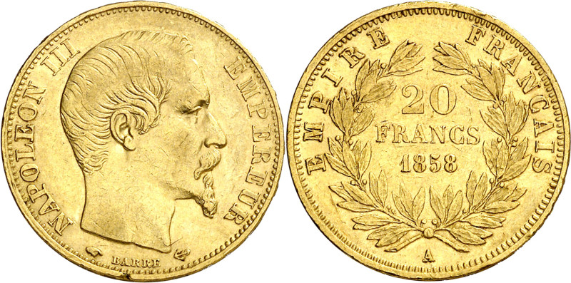 Francia. 1858. Napoleón III. A (París). 20 francos. (Fr. 573) (Kr. 781.1). AU. 6...