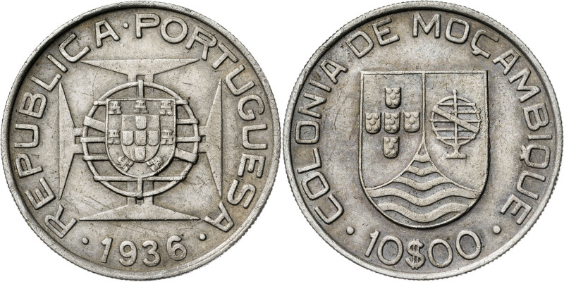 Mozambique. 1936. 10 escudos. (Kr. 67). AG. 12,52 g. MBC+.